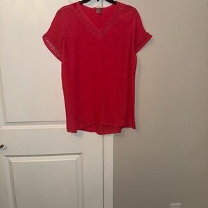 Christopher & Banks Red V-Neck Short Sleeve Top with Crochet Trim